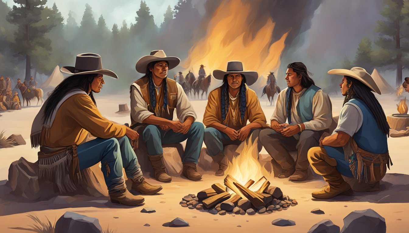 A group of Native American tribes and Texas cowboys exchanging goods and stories around a campfire