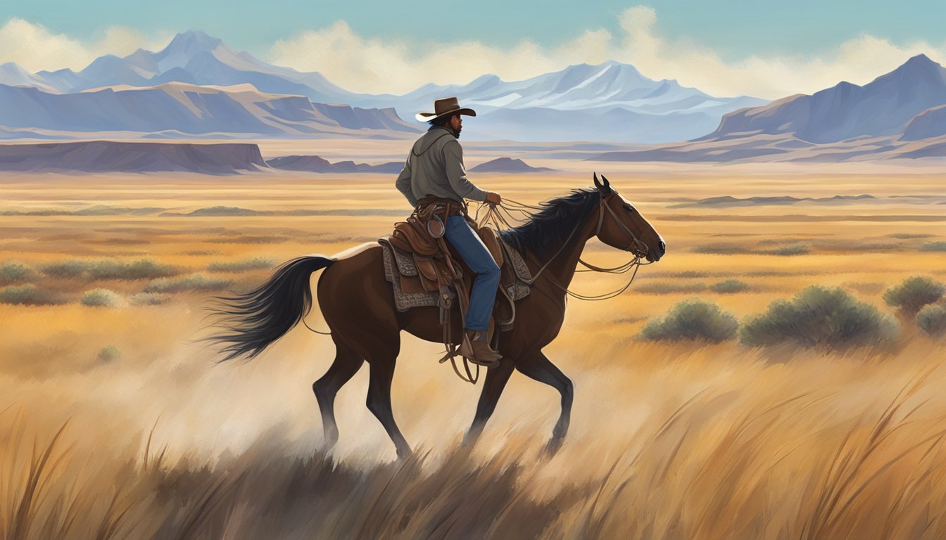 A lone cowboy rides across a vast, open prairie with rugged mountains in the distance, under a big, open sky