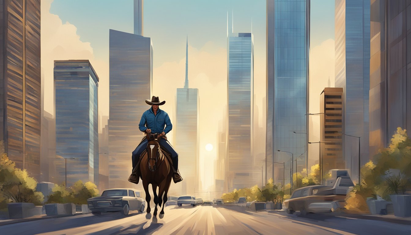 A lone cowboy riding through a modern city, skyscrapers looming in the background, symbolizing the enduring presence of cowboy culture in contemporary American society