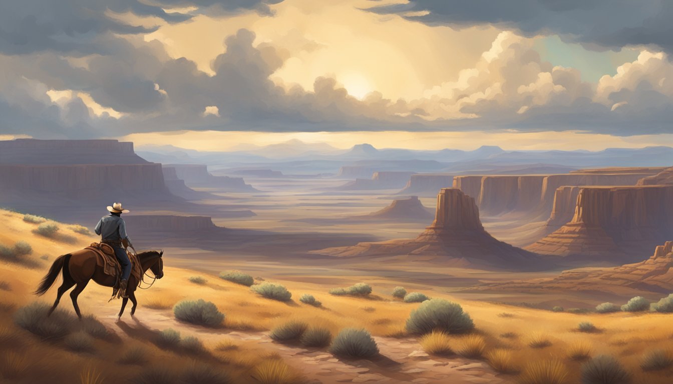 A lone cowboy rides across an expansive western landscape, symbolizing rugged individualism and the American spirit