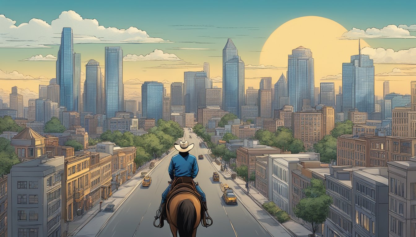 A lone cowboy rides across a modern city skyline, symbolizing the enduring legacy of the cowboy in American society and politics