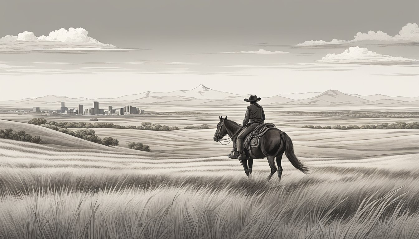 A lone cowboy riding through a vast, open prairie, with a backdrop of the American flag and a bustling city in the distance