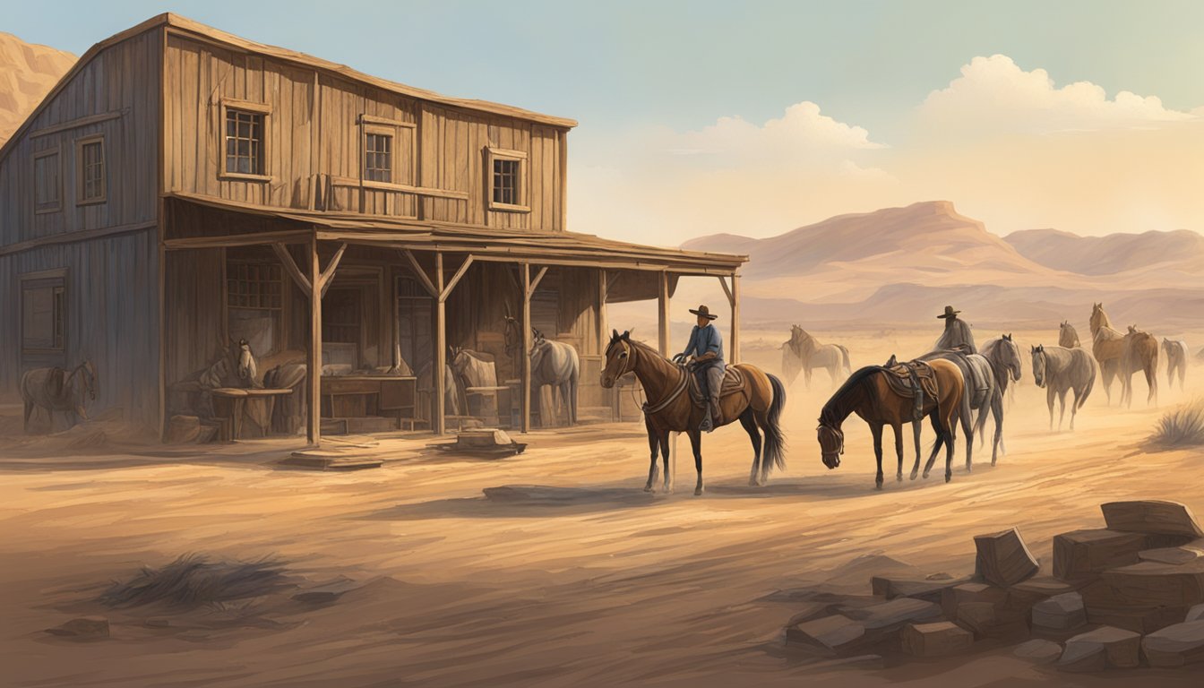 A dusty western landscape with a worn-down wooden saloon next to a watering hole surrounded by parched earth and a few tethered horses