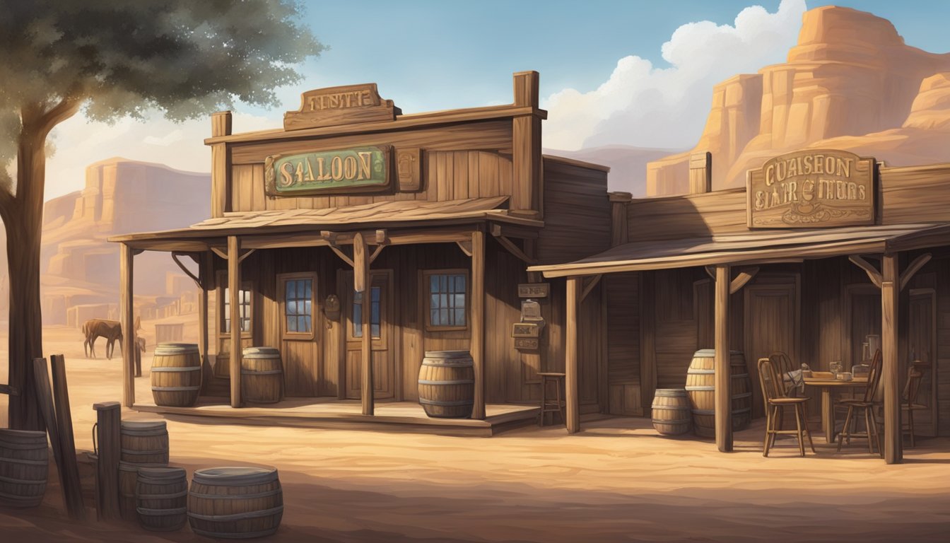 A rustic saloon nestled in a dusty western town, its swinging doors beckoning cowboys and travelers to quench their thirst and swap tales of adventure