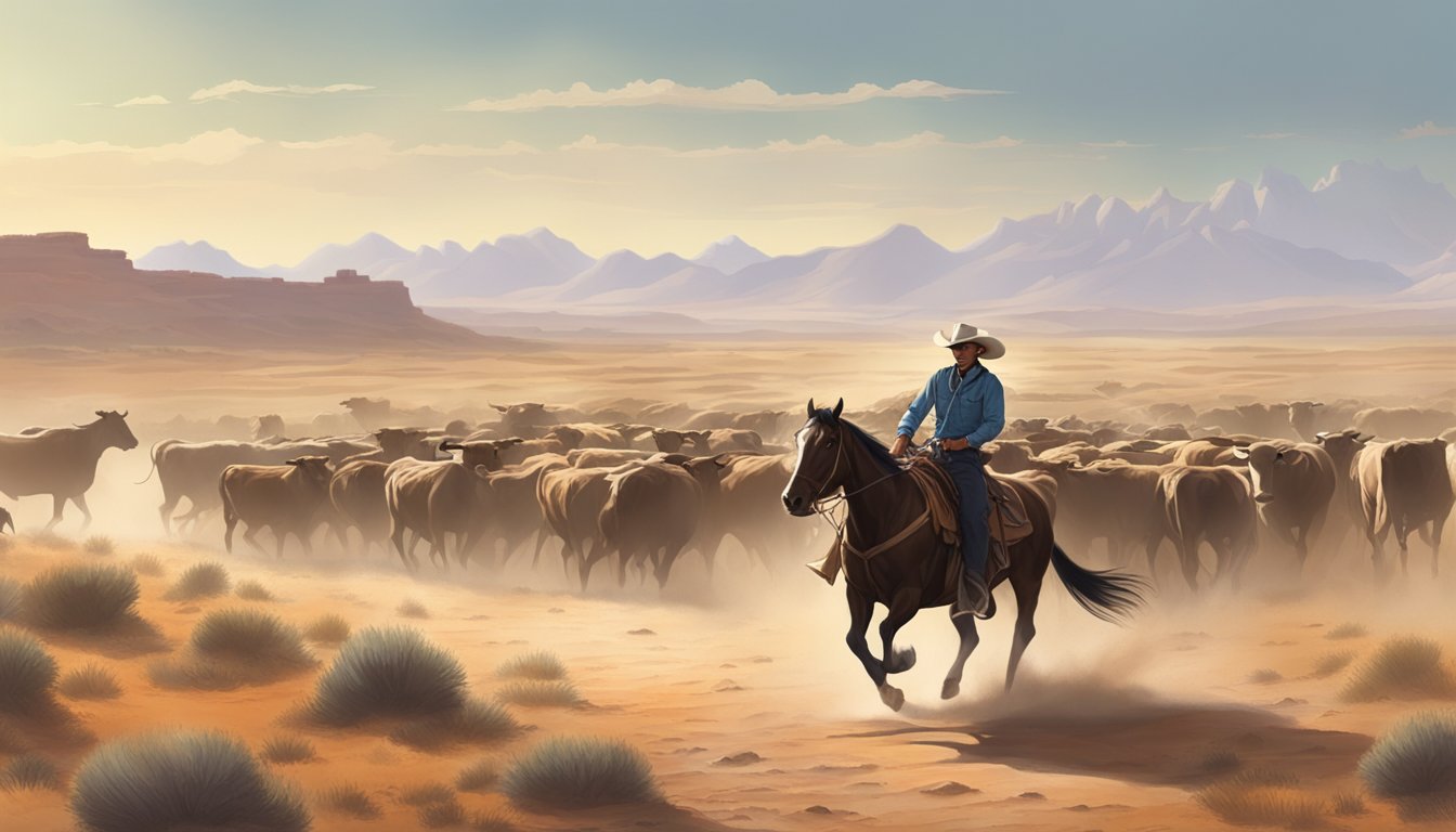 A lone cowboy riding through a dusty, rugged landscape with a herd of cattle in the distance