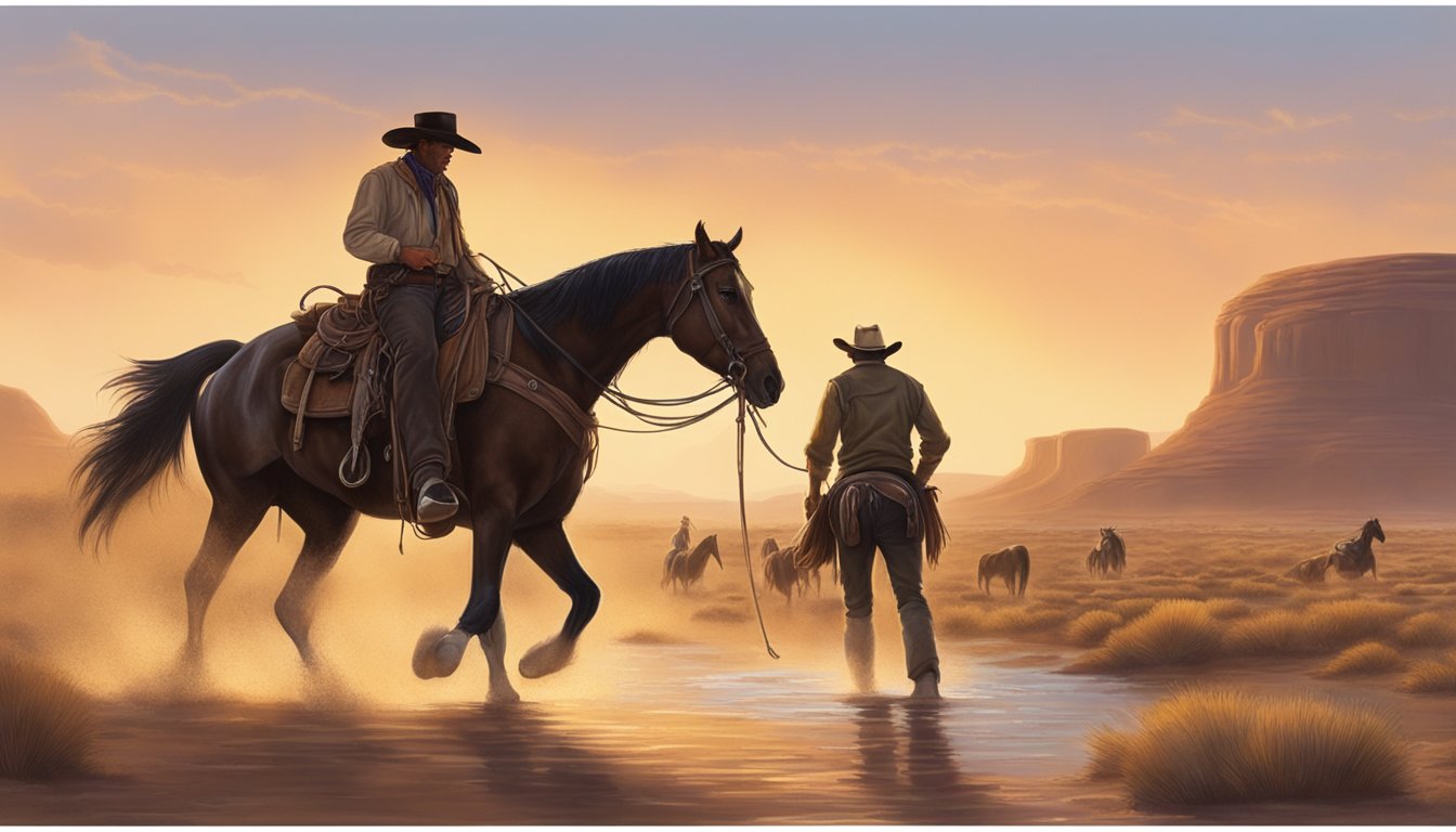 A lone cowboy leads his horse to a dusty watering hole at sunset, highlighting the vital role of these oases in cowboy lore and survival