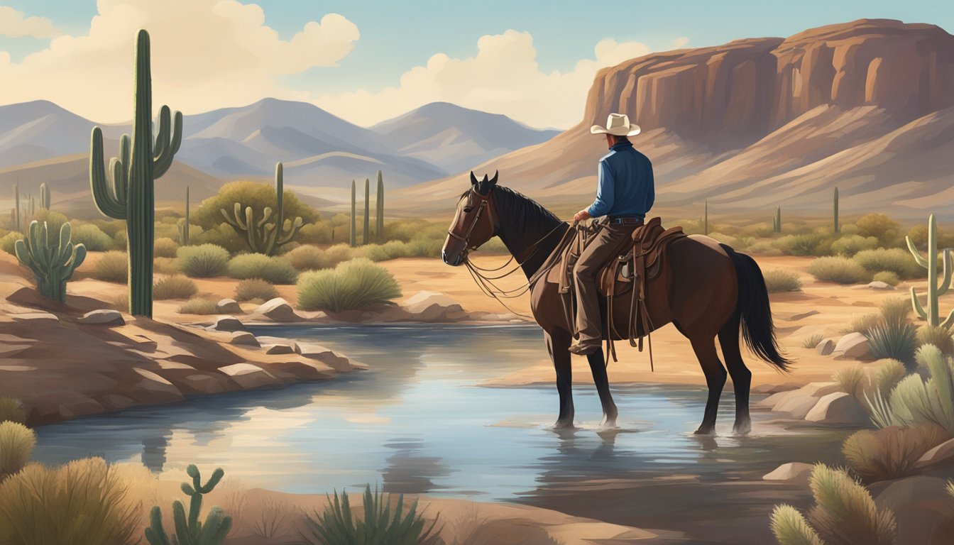 A lone cowboy and his horse approach a rustic watering hole nestled among rolling hills and cacti, with a wooden trough and windmill in the background