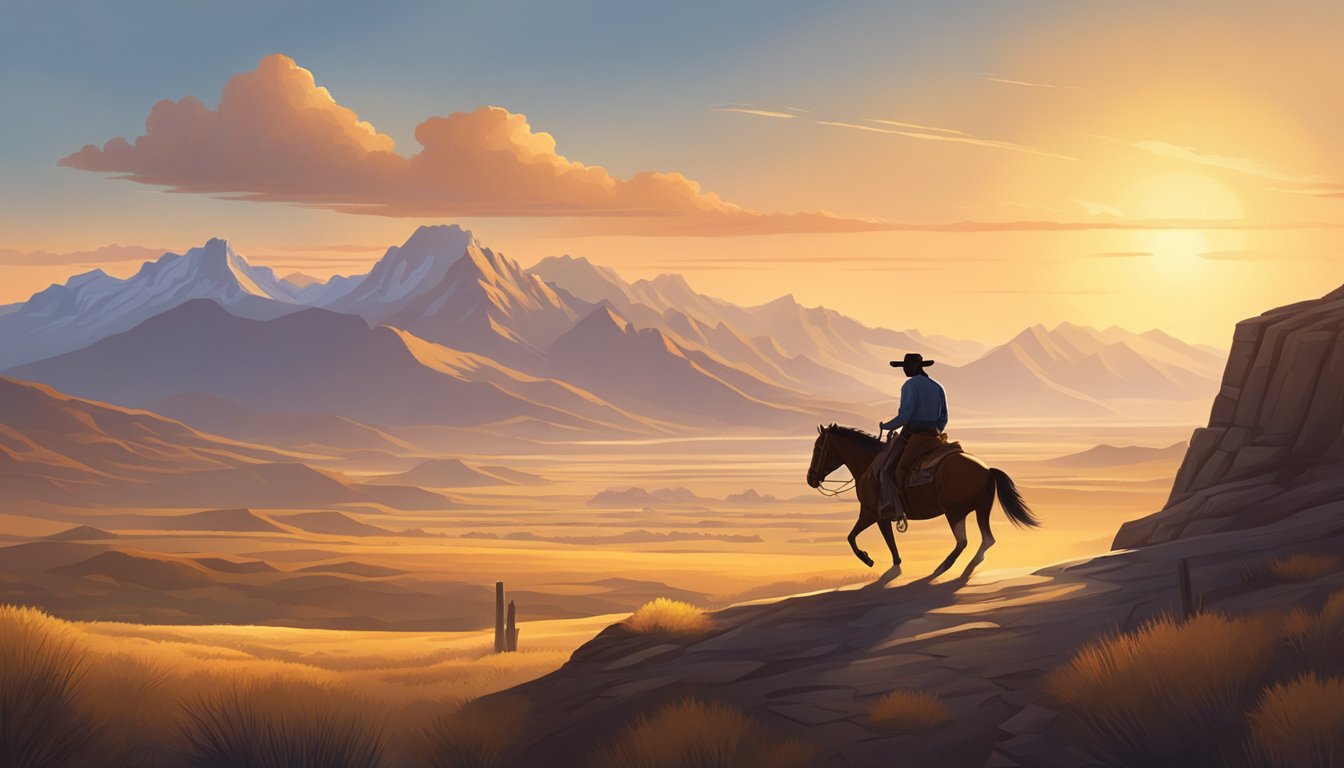 A lone cowboy riding through a vast, rugged landscape, with mountains in the distance and a setting sun casting long shadows