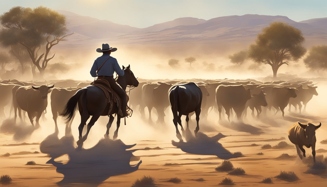 A lone cowboy rides through the dusty plains, leading his cattle to a vital watering hole. The sun beats down as the animals eagerly drink, highlighting the economic and practical impact of these essential sources of water in cowboy lore and reality