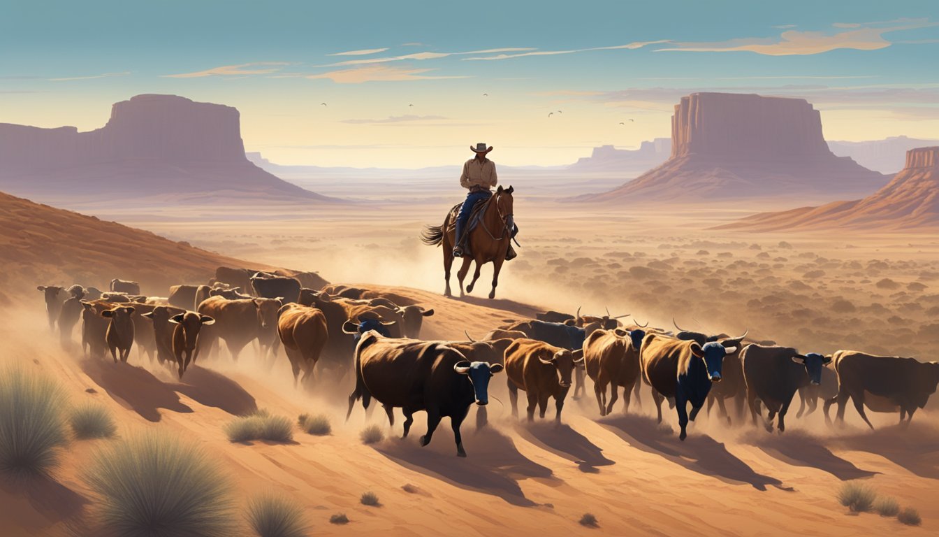 A lone cowboy riding through a rugged desert landscape with a herd of cattle, under a wide open sky