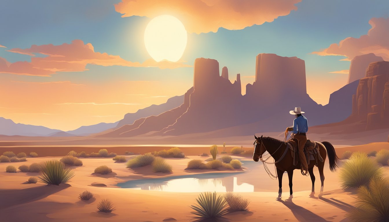 A lone cowboy watering his horse at a desert oasis. The sun sets behind the mountains, casting long shadows across the dusty landscape