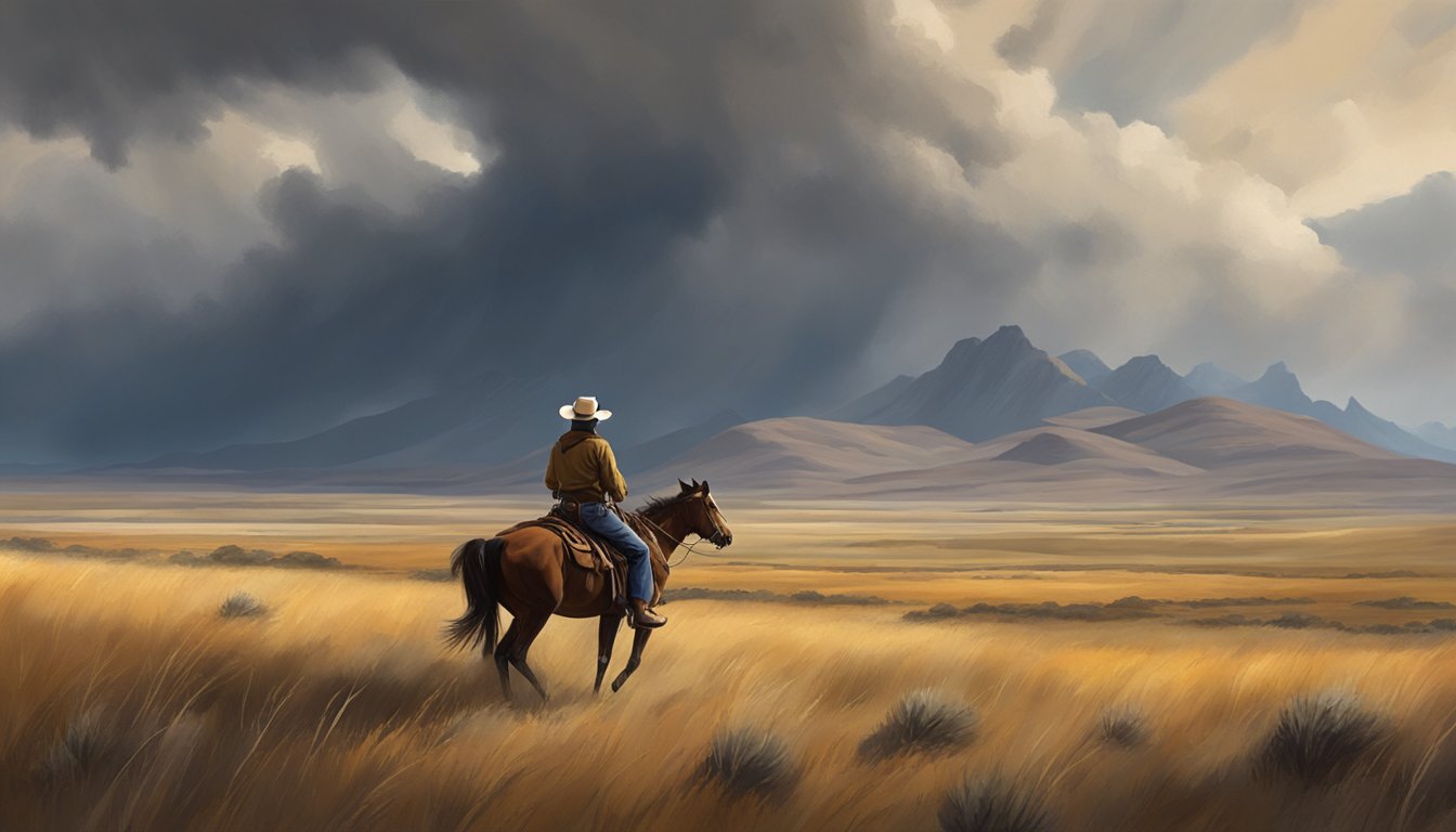 A lone cowboy rides through a vast, open prairie, with rugged mountains in the distance and a storm brewing on the horizon