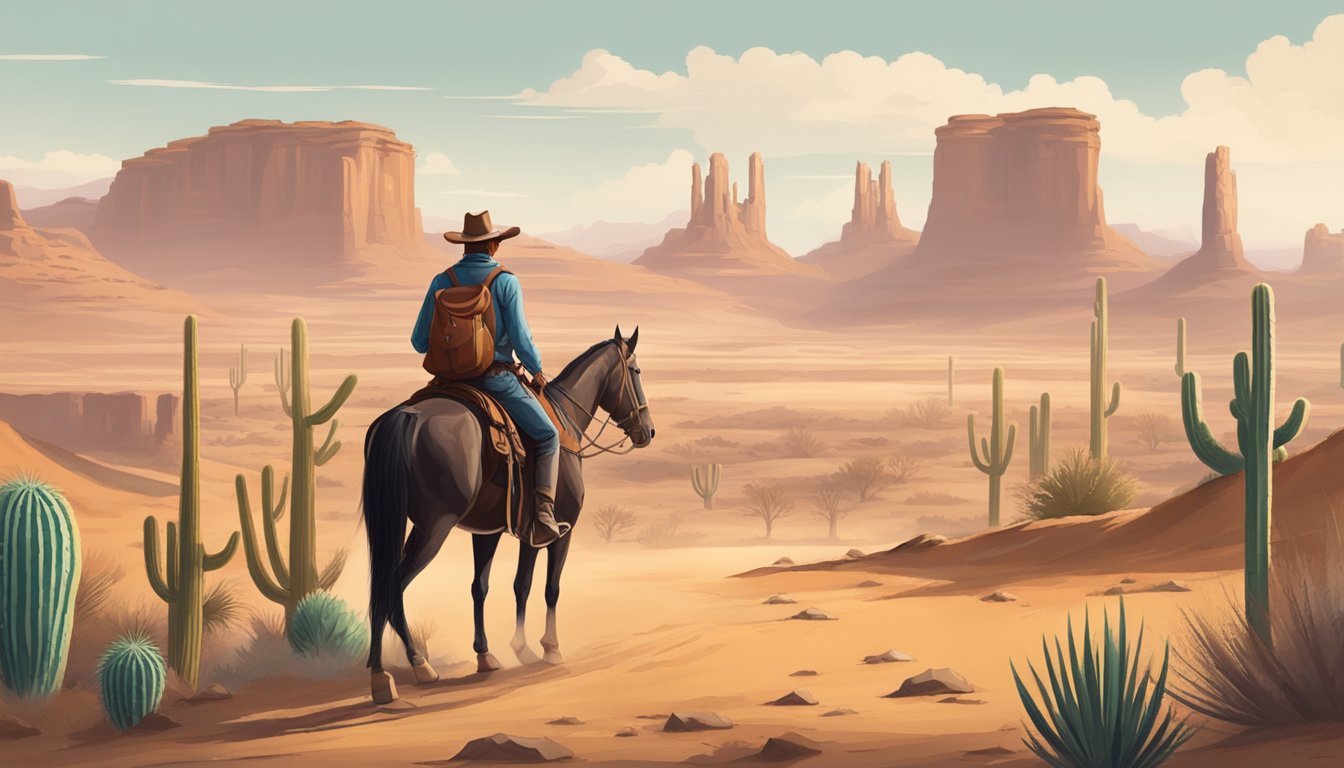 A lone cowboy rides through a dusty desert, surrounded by towering mesas and cacti, with a worn leather saddle and a trusty steed