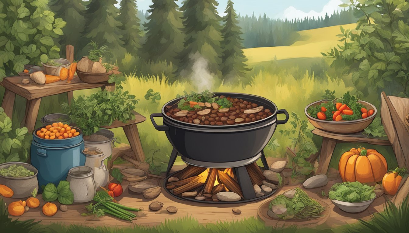 A rustic cowboy campfire with pots of stew and beans cooking, surrounded by wild herbs and vegetables foraged from the land