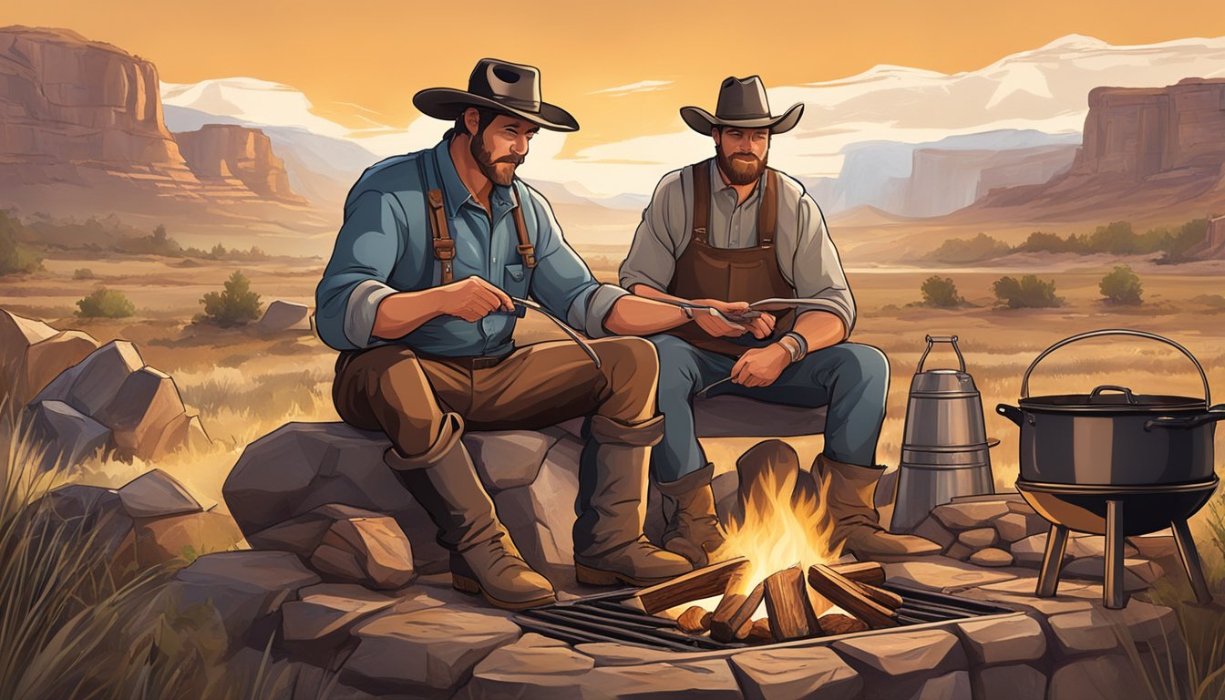 A cowboy cooking over an open campfire, grilling steaks and boiling beans in cast iron pots, surrounded by the rugged beauty of the Western landscape