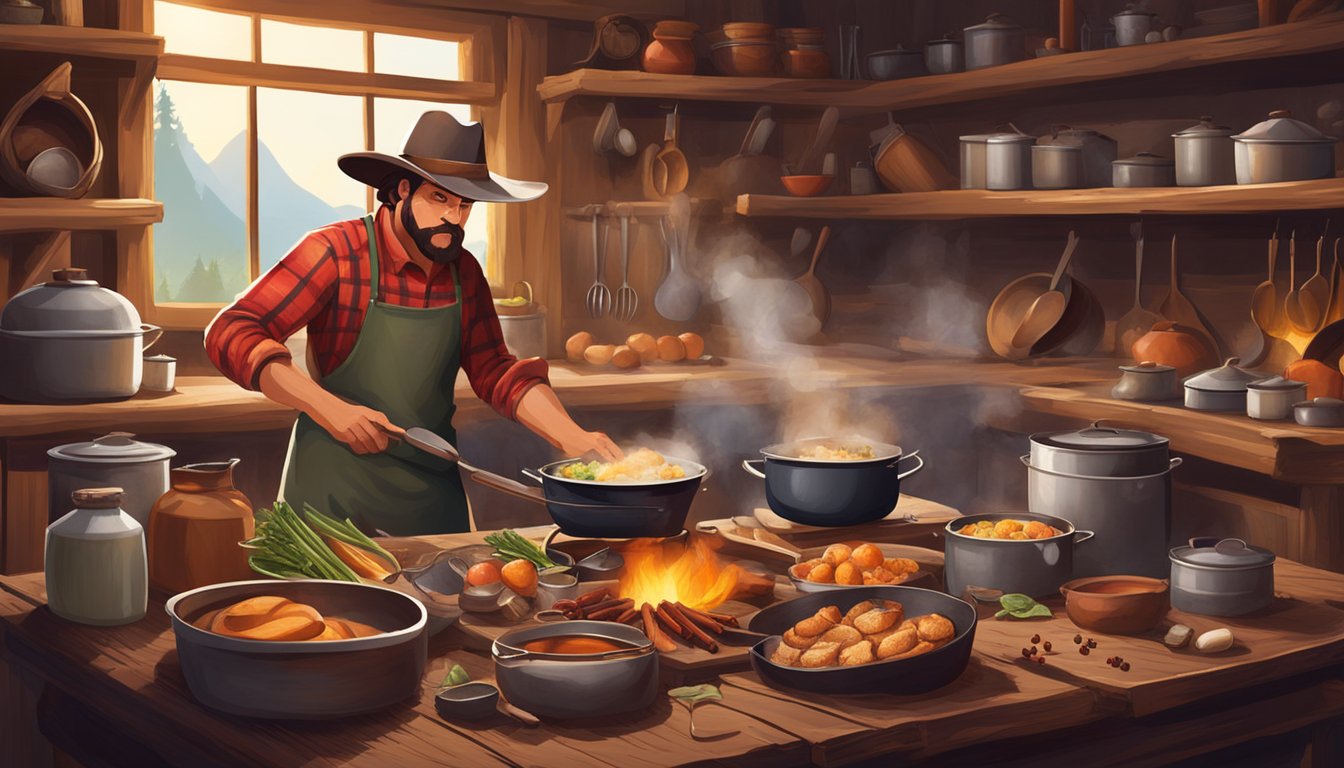 A cowboy cooking over an open fire, surrounded by pots and pans, with a variety of fresh ingredients and spices laid out on a rustic wooden table