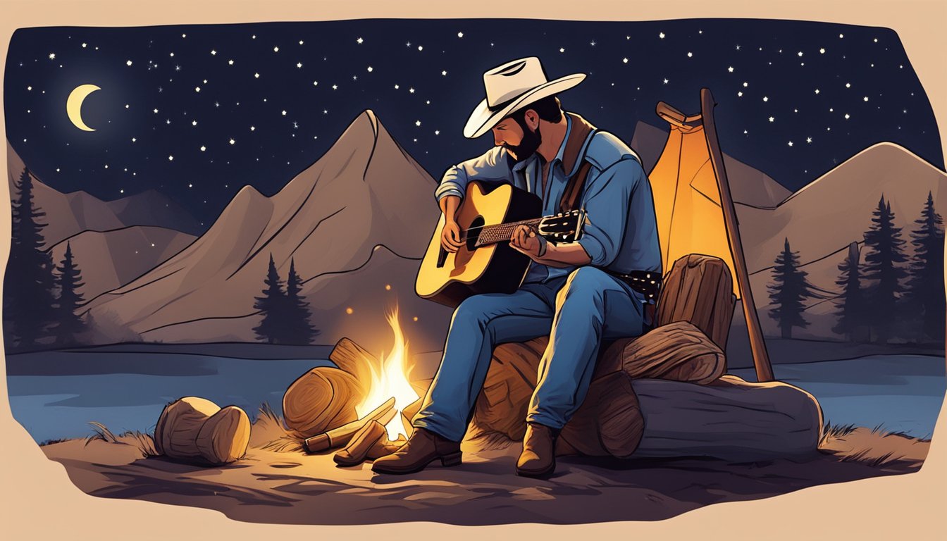 A lone cowboy sits by a campfire under the starry night sky, strumming a guitar and singing a soulful country tune