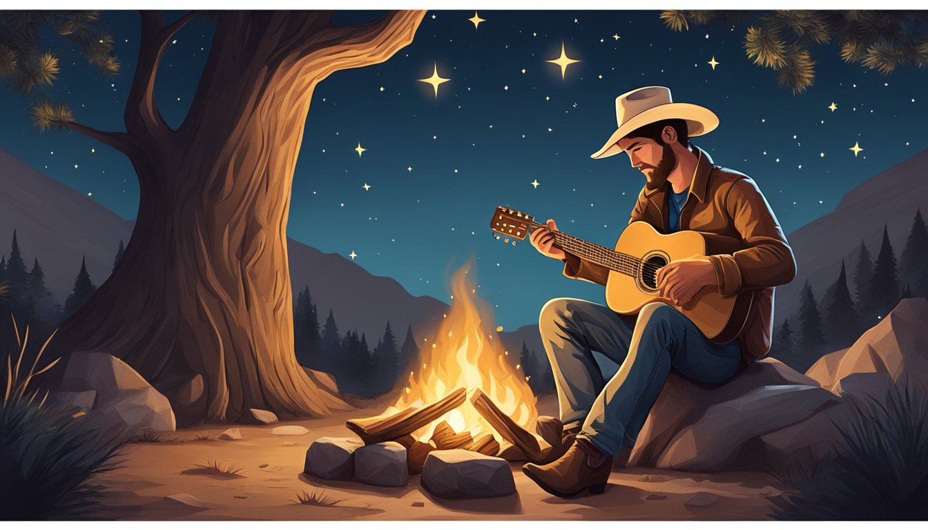 A lone cowboy strums a guitar by a campfire under a starry sky