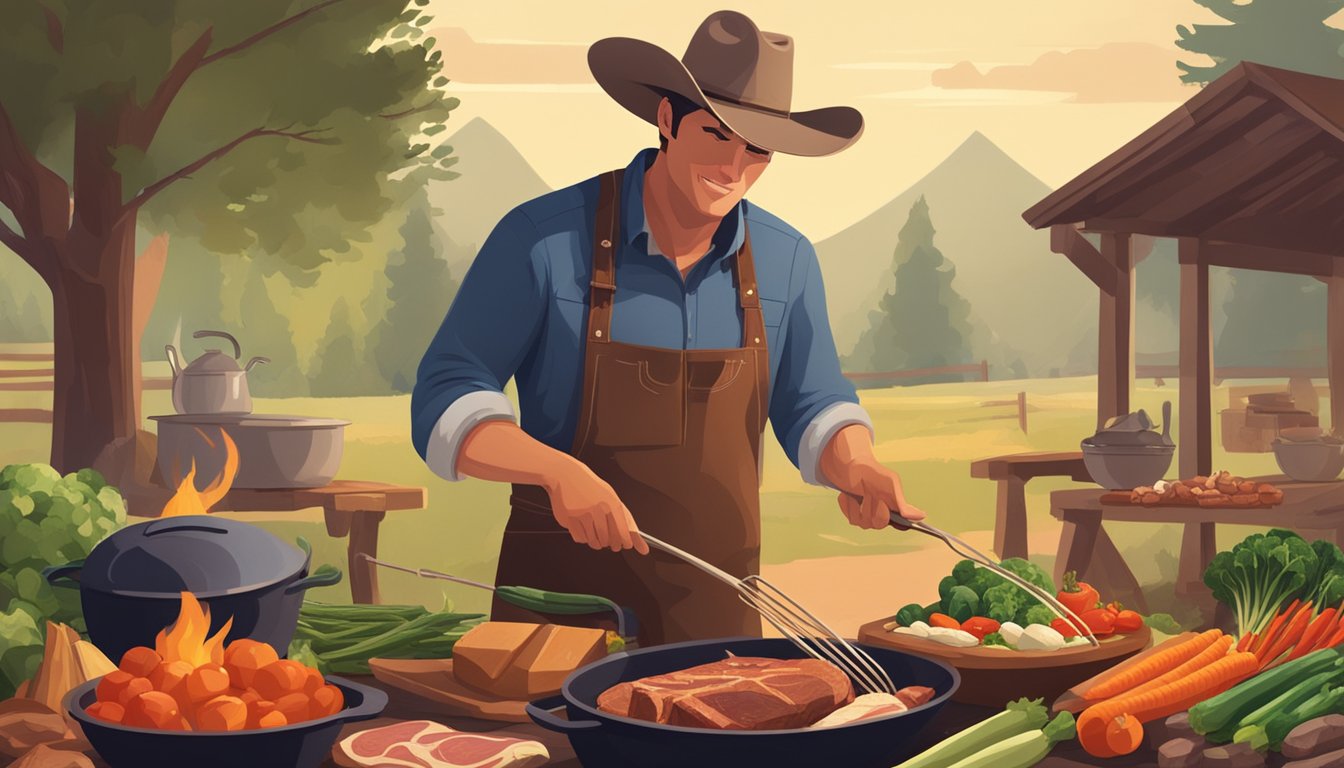 A cowboy cooking over an open flame, surrounded by fresh vegetables and lean meats, with a rustic outdoor setting in the background