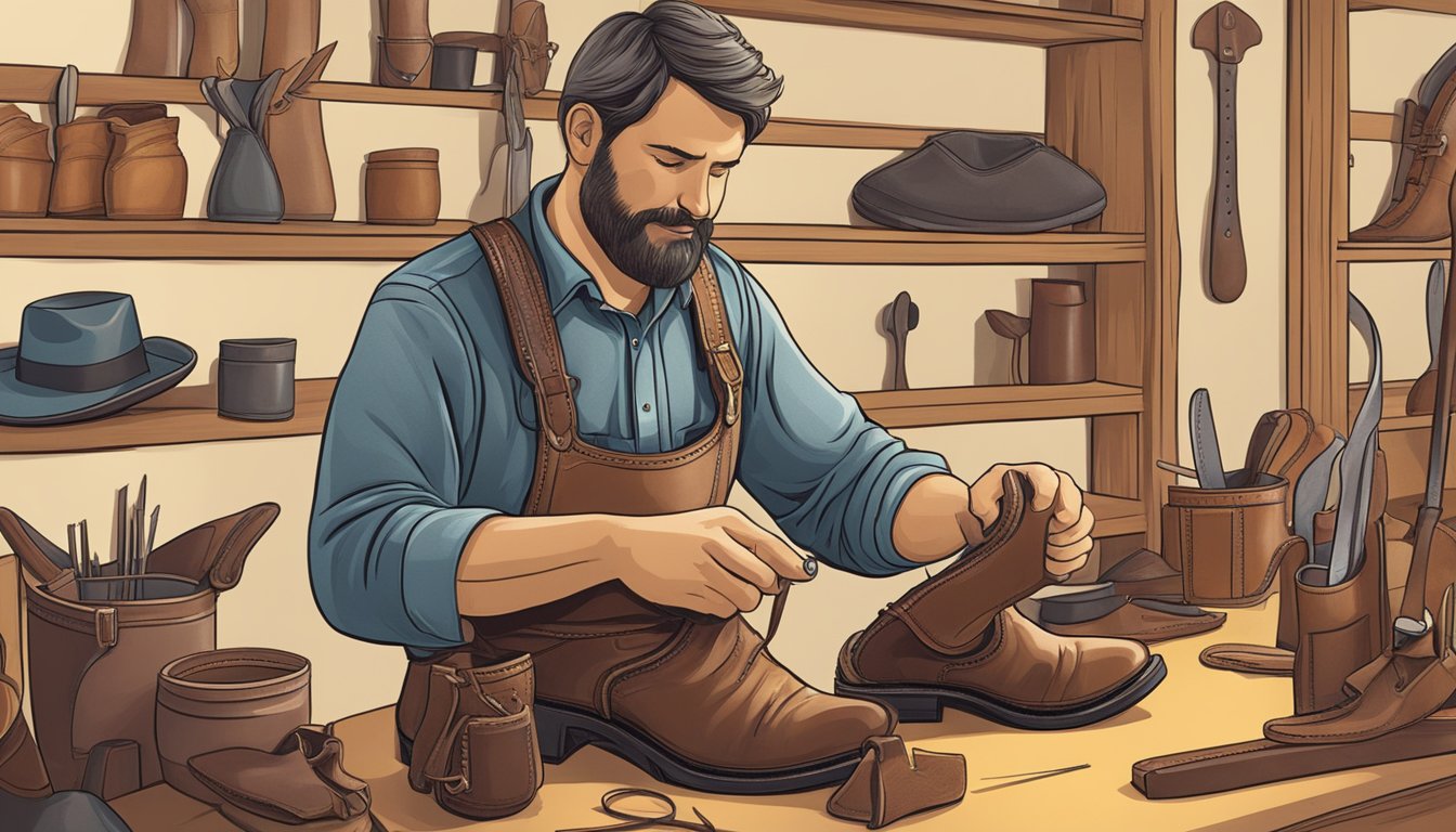 A craftsman assembling the upper of a cowboy boot, stitching and shaping the leather with precision