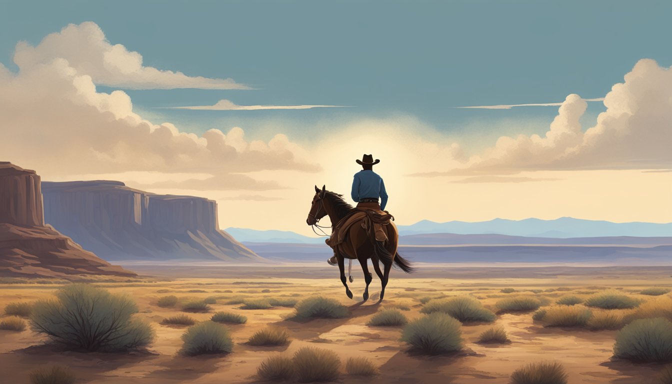 A lone cowboy riding through a rugged, open landscape, with a guitar slung over his shoulder, under a big, open sky