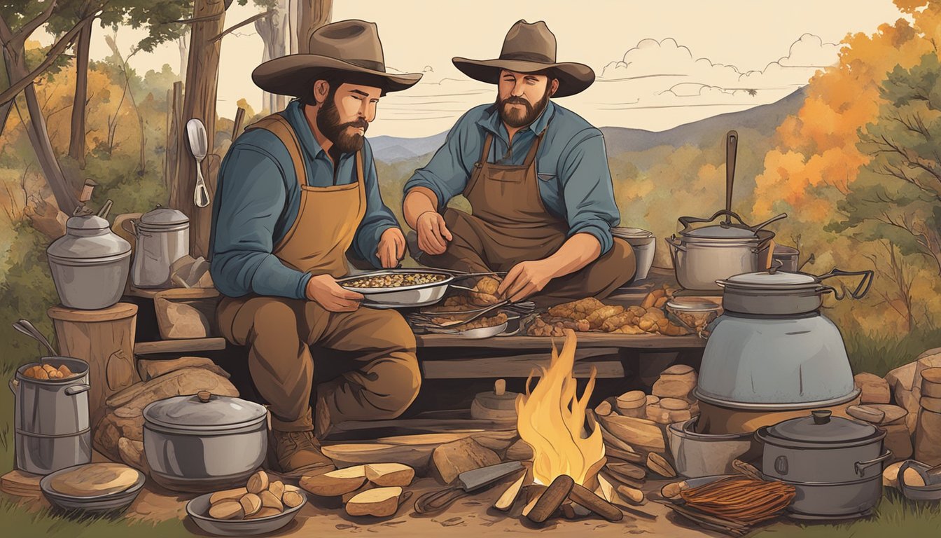 A rustic cowboy cooking over a campfire, surrounded by locally sourced ingredients and sustainable cooking utensils