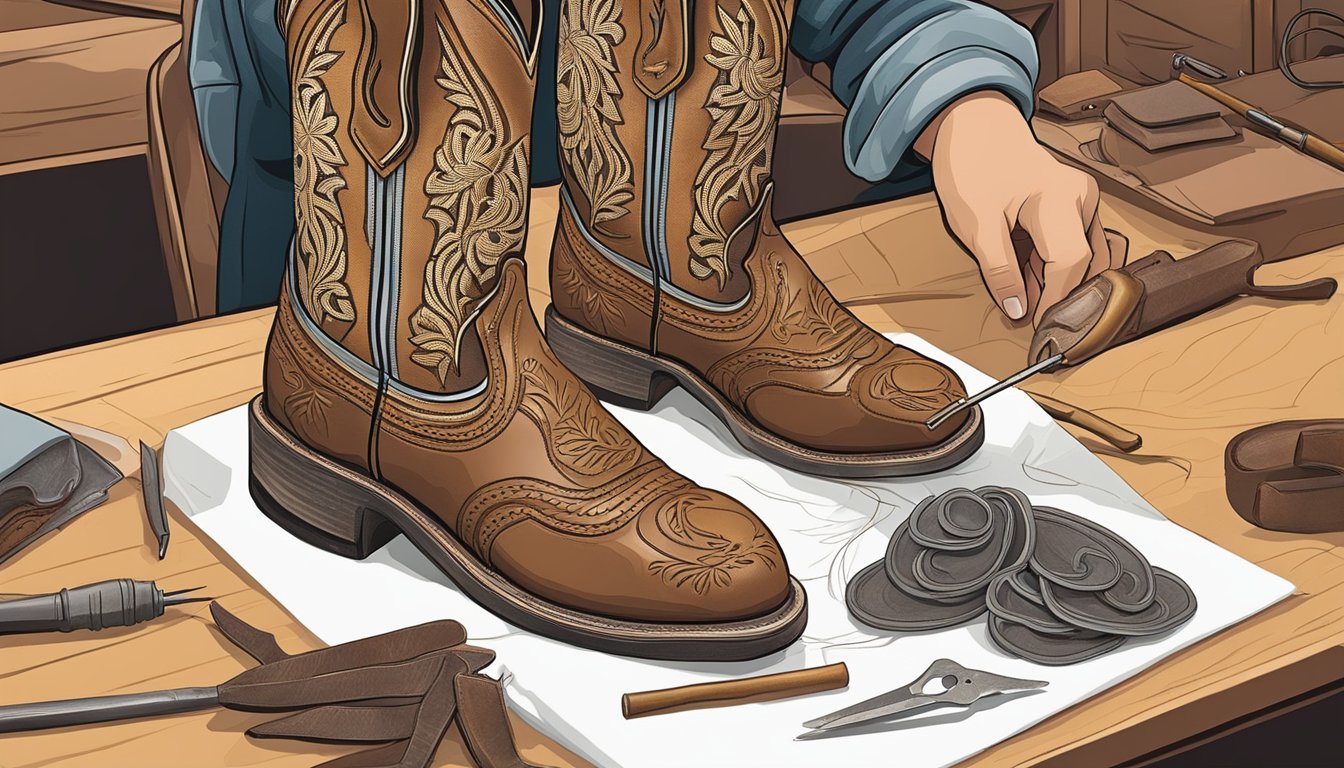 A craftsman applies intricate stitching to a pair of leather cowboy boots, adding the finishing touches to the intricate design