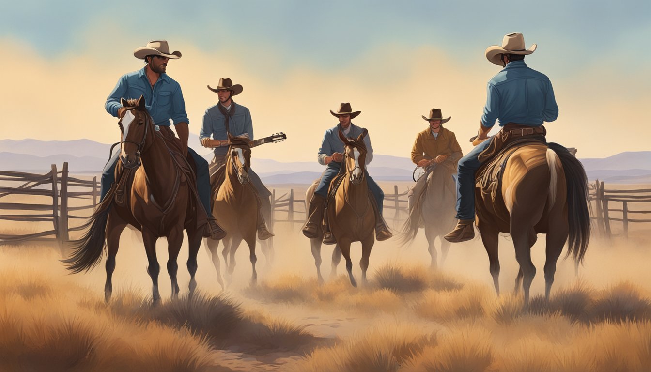 A group of cowboys riding on horseback through a dusty, open prairie, with a guitar and cowboy hat resting on a fence post nearby