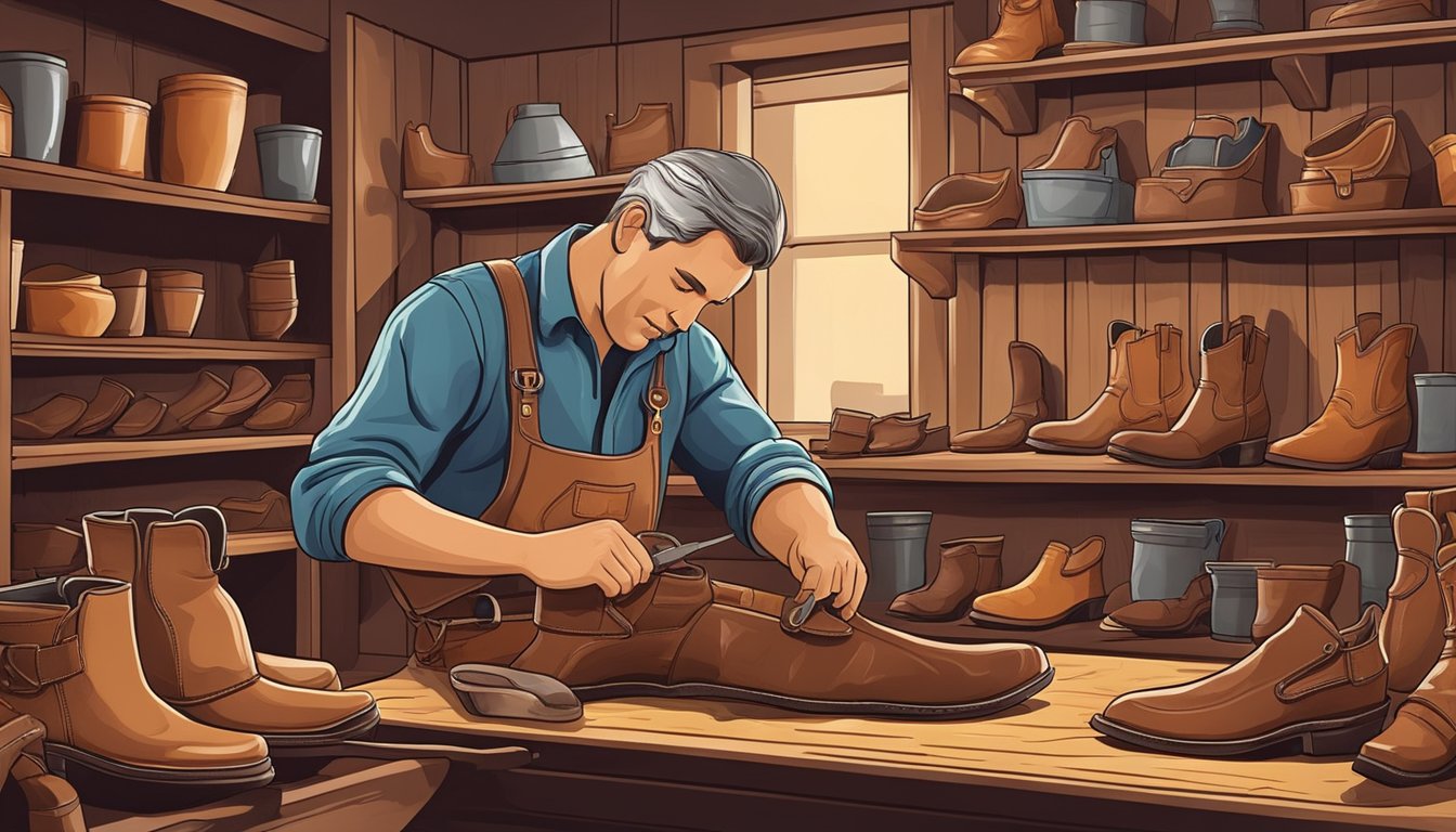 A craftsman carefully stitches leather and molds soles in a workshop filled with tools and materials for making cowboy boots