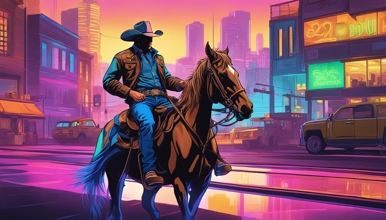 A lone cowboy rides through a modern city, neon lights reflecting off his boots as country music blares from a nearby bar