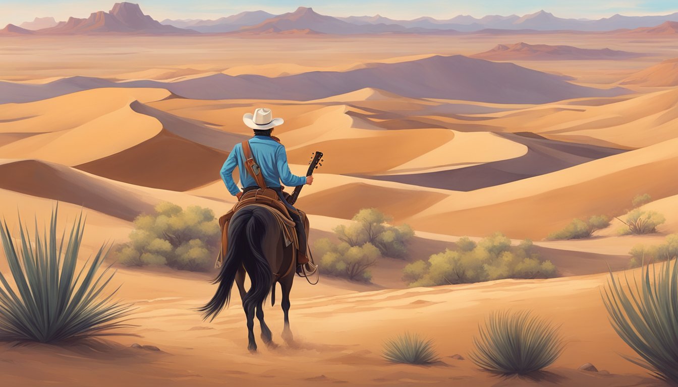 A lone cowboy rides through a dusty desert landscape, a guitar slung over his shoulder as he contemplates the connection between his way of life and the music he loves