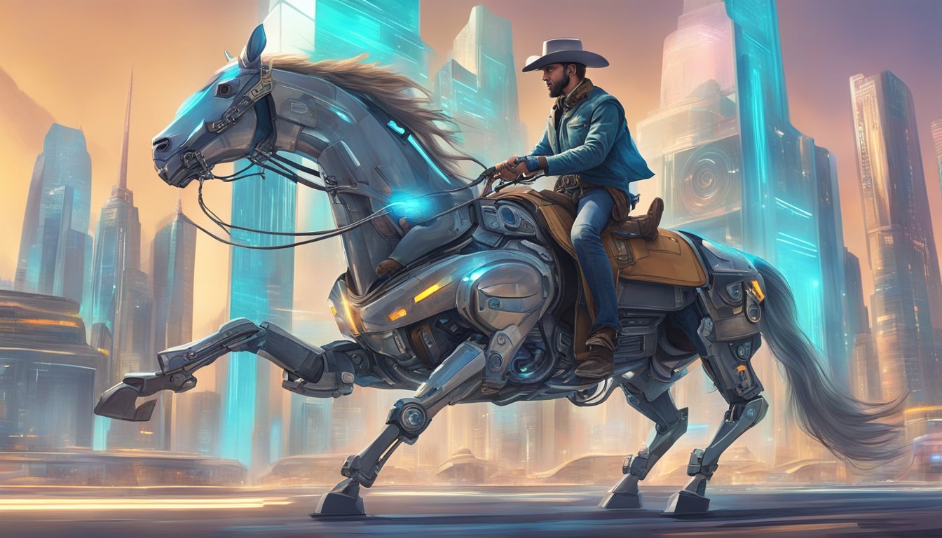 A modern cowboy riding a robotic horse through a futuristic city, surrounded by holographic representations of traditional Western culture