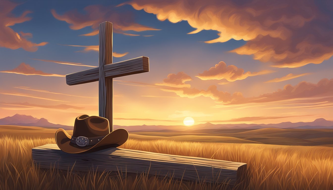 A lone cowboy hat resting on a wooden cross in the open prairie at sunset