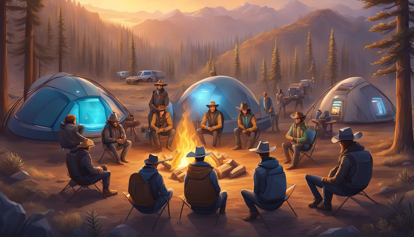 A modern cowboy community gathers around a futuristic campfire, surrounded by high-tech gear and sustainable living structures