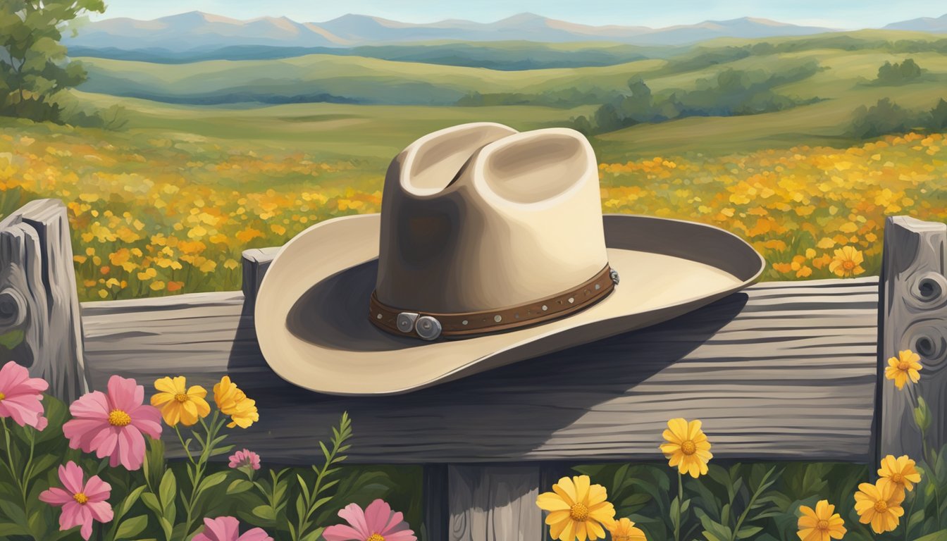 A lone cowboy hat sits atop a wooden cross surrounded by wildflowers, under the wide open sky