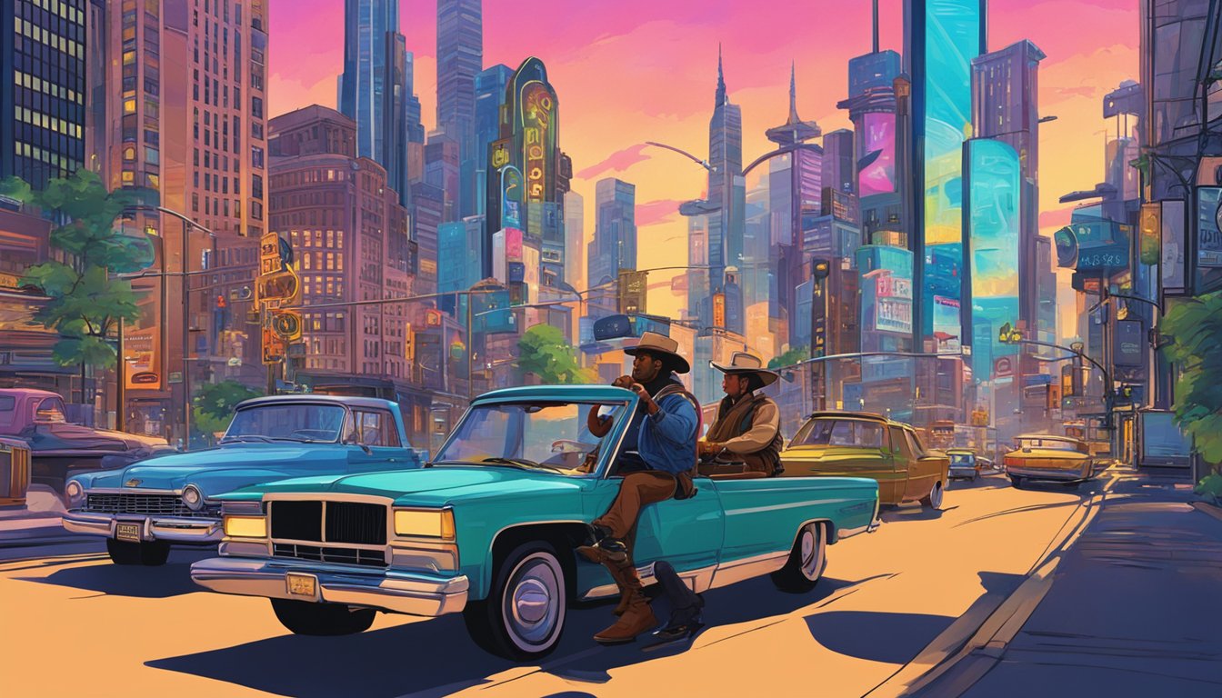 Urban cowboys riding through city streets, passing skyscrapers and neon signs, with iconic landmarks in the background