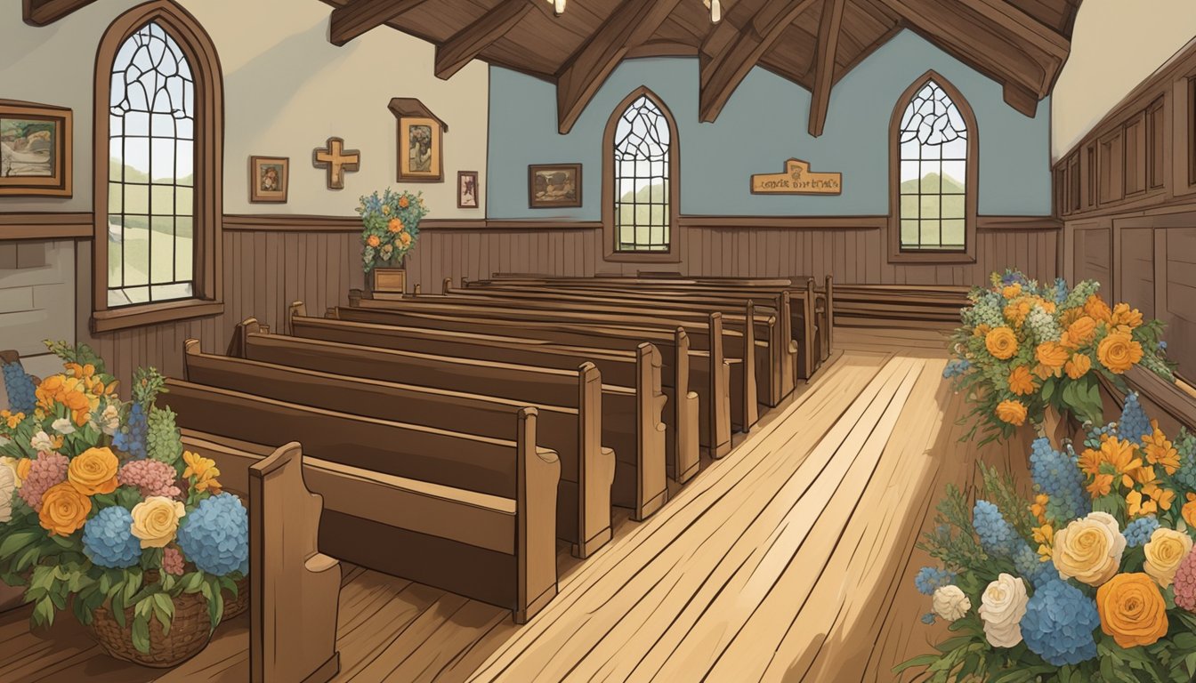 Cowboy hats and boots line the wooden pews of a small chapel, surrounded by floral arrangements and photos of the deceased