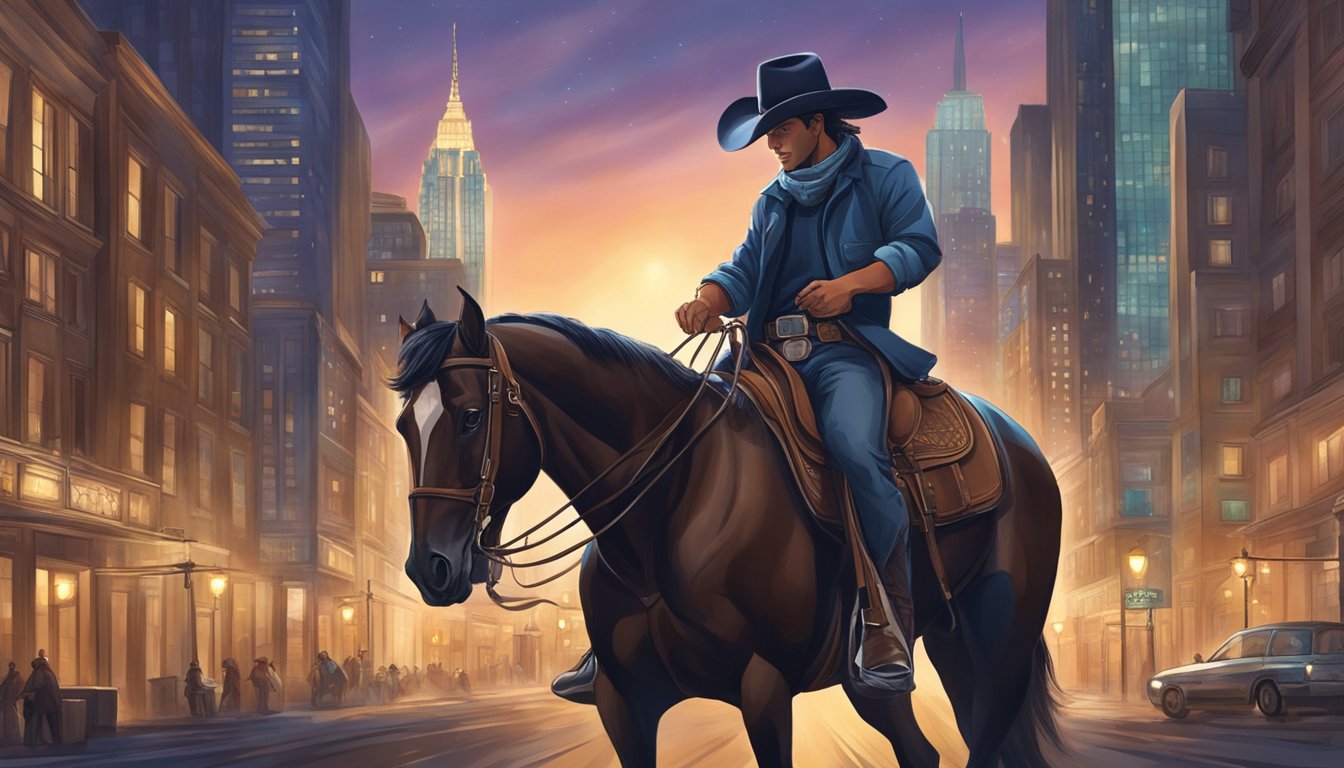 An urban cowboy riding a horse through a city street, wearing modern clothing with a western twist, surrounded by skyscrapers and city lights