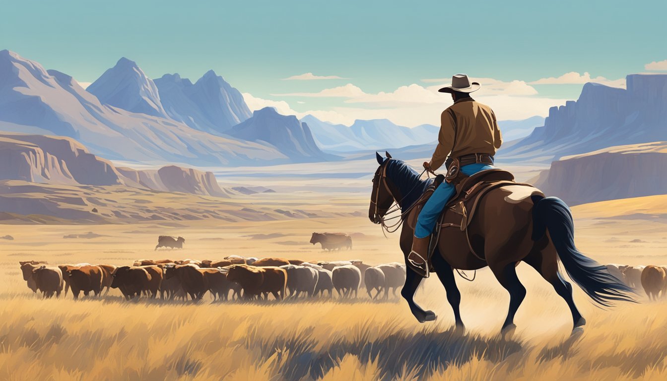 A lone cowboy rides across a vast open prairie, herding cattle under a bright blue sky, with a backdrop of rugged mountains in the distance