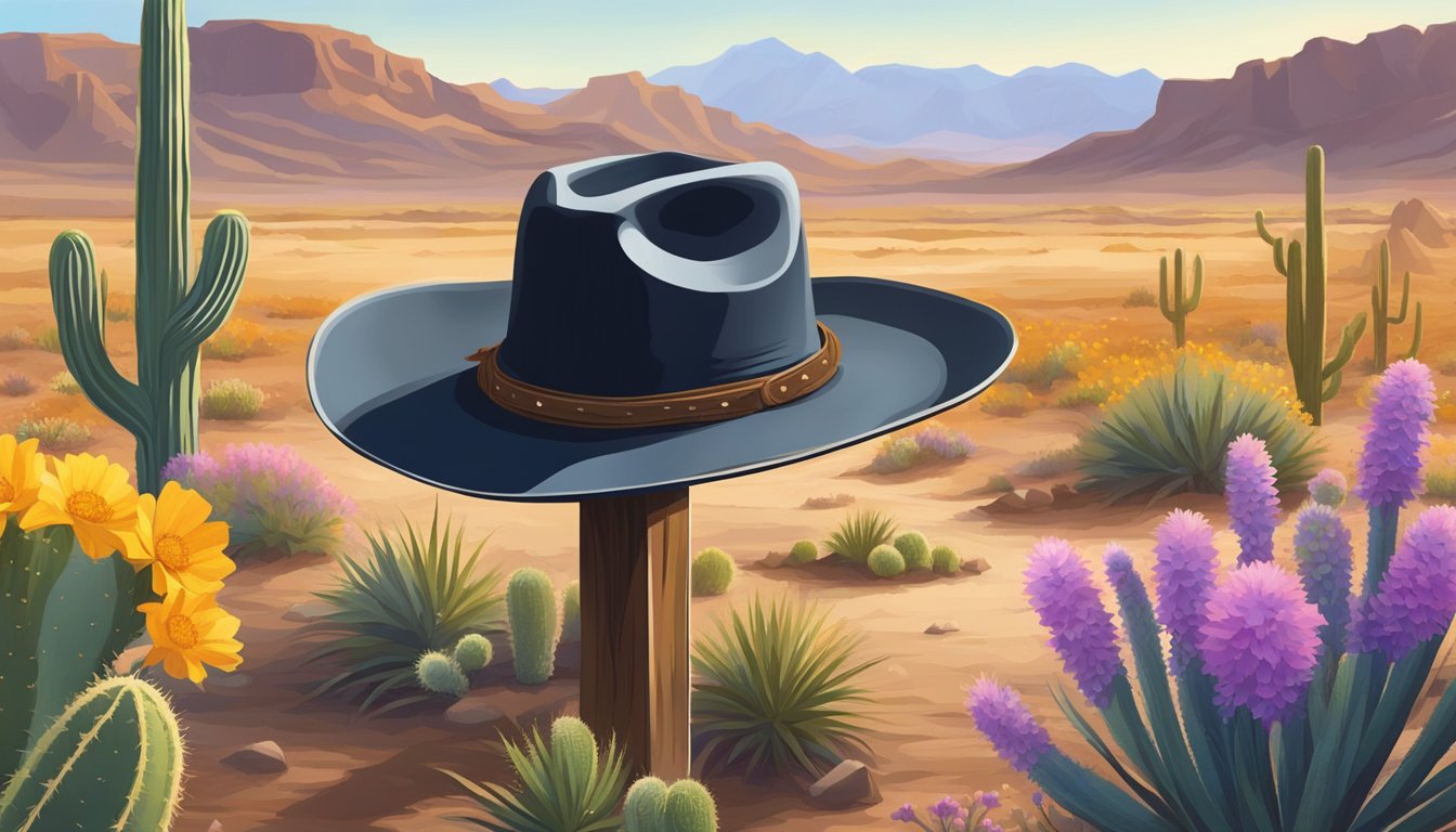 A lone cowboy hat resting on a wooden cross in the desert, surrounded by wildflowers and cacti