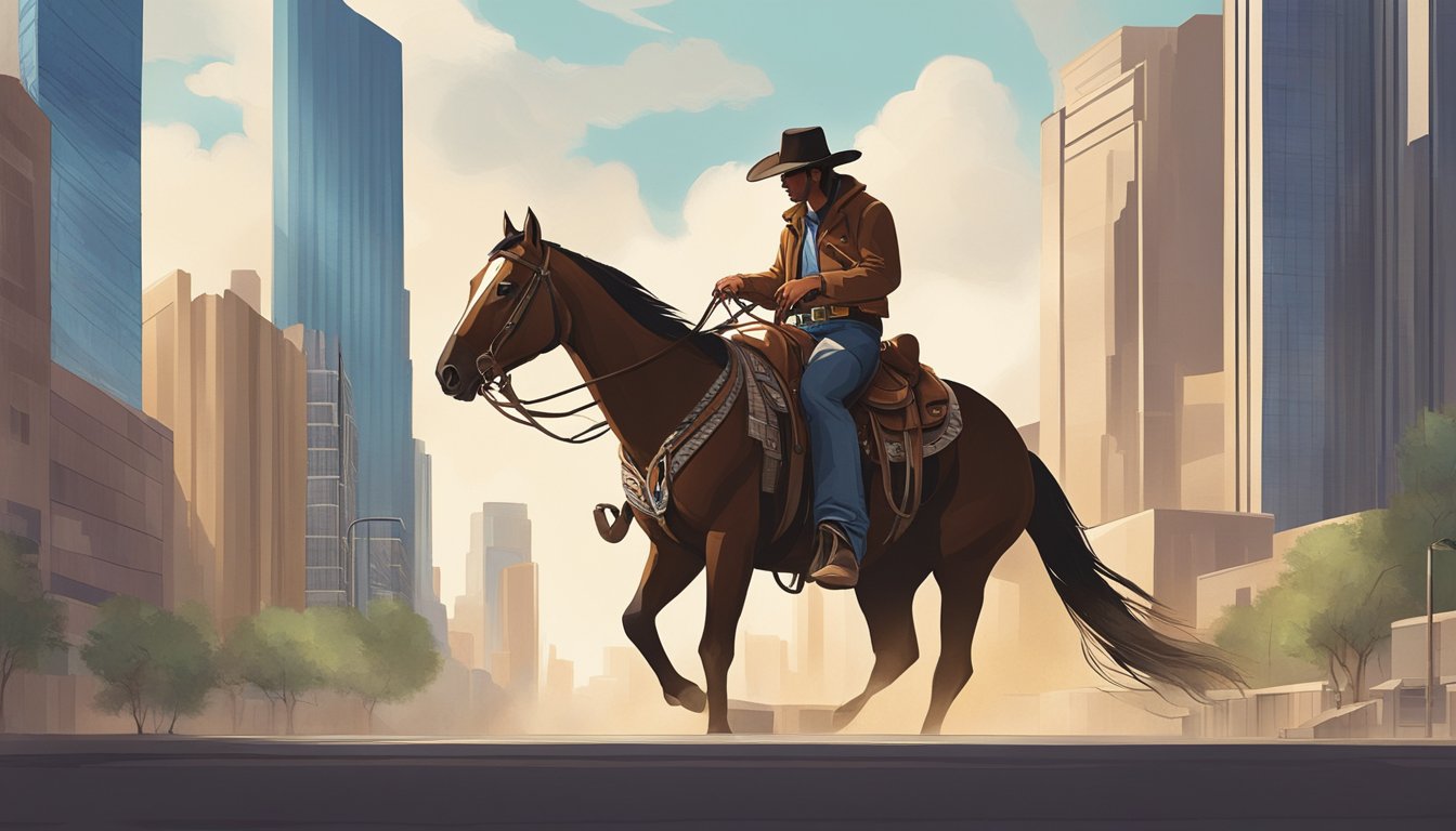 A lone cowboy rides through a modern city, skyscrapers towering above. A mix of traditional and contemporary elements symbolize the ongoing presence of cowboy culture in the 21st century