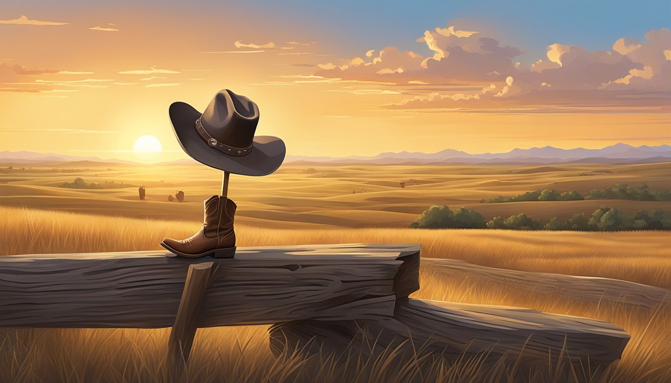 A lone cowboy hat and boots sit atop a wooden cross in a vast, open prairie under a setting sun