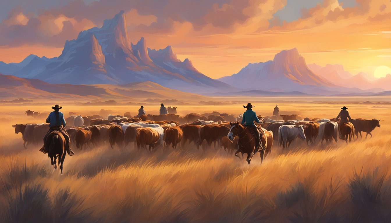 A group of cowboys herding cattle across a vast, open prairie, with a backdrop of rugged mountains and a vibrant sunset