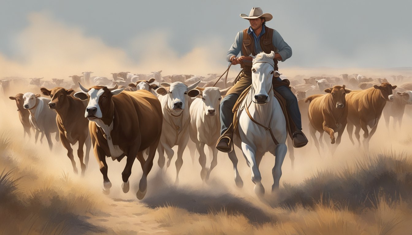 A loyal dog herding cattle alongside cowboys in a dusty, open prairie