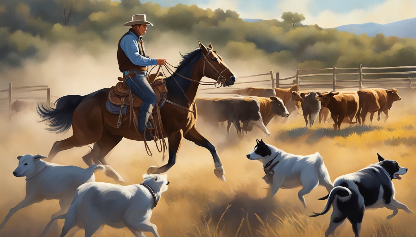 A loyal ranch dog herding cattle alongside a cowboy on horseback