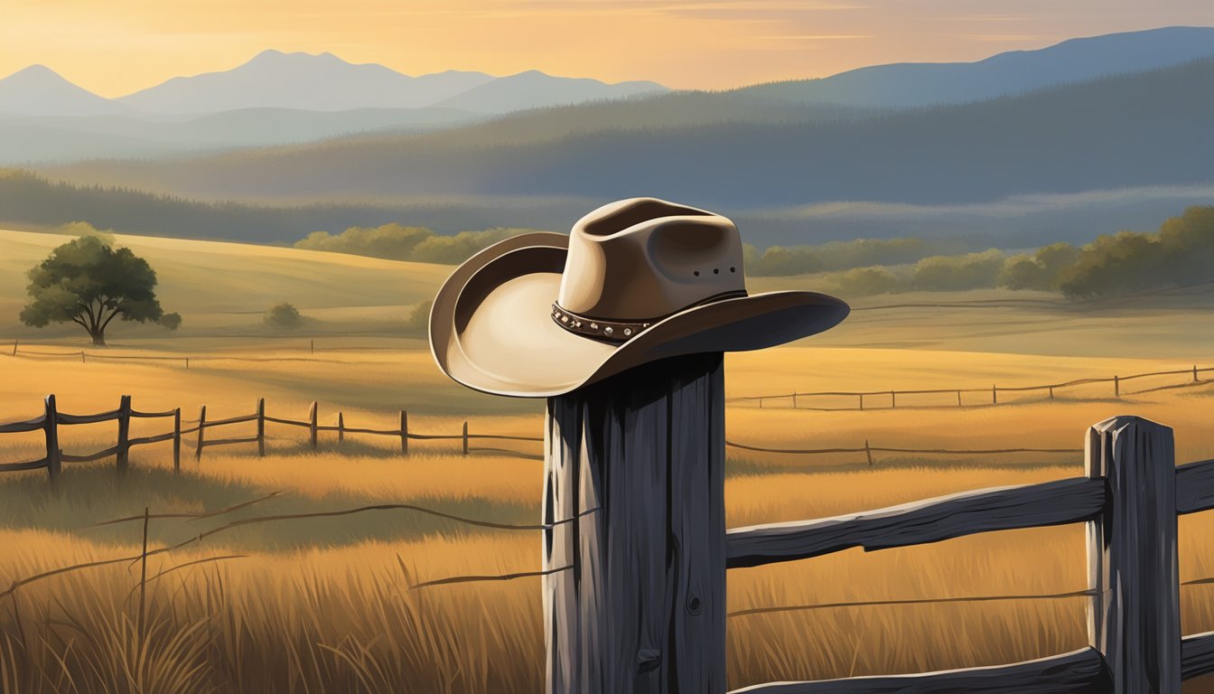 A lone cowboy hat rests on a weathered fence post, surrounded by the vast expanse of the American countryside