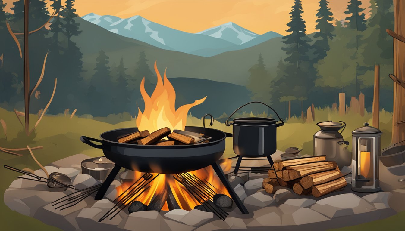 A crackling campfire surrounded by cast iron cookware and utensils, with a rustic outdoor cooking setup featuring skewers, grates, and a pot hanging over the flames