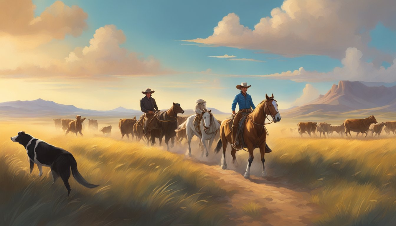 A loyal dog herding cattle alongside a cowboy on horseback, under a big open sky