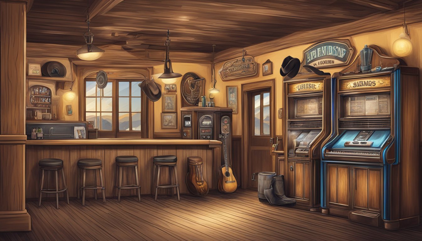 A dusty old saloon with cowboy boots, hats, and lassos hanging on the walls, while a jukebox plays country music in the background