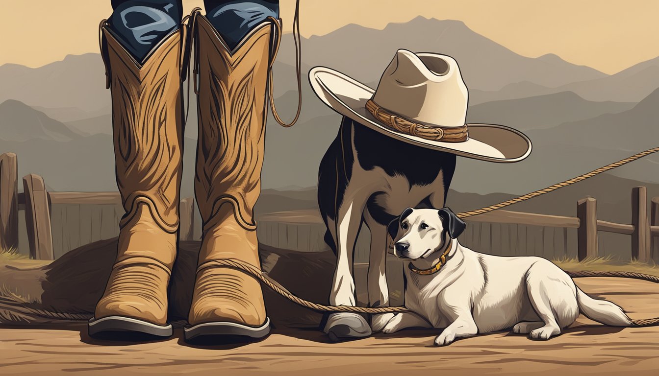 A cowboy's hat, boots, and lasso lie on the ground as a loyal dog stands guard, symbolizing the important role of dogs in ranch life and cowboy culture